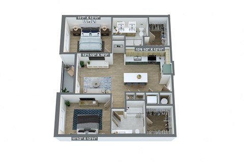 a 3d floor plan of a home with a bedroom and a living room
